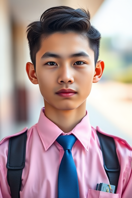 Generate a portrait of a young male wearing a pink uniform with a blue tie, sharp focus, natural lighting, shallow depth of field, using a DSLR camera with a 50mm lens at f/1.8, ISO 100, 1/200s, capturing a soft bokeh background.