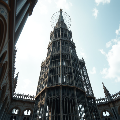 Generate a highly detailed 3D rendering of a gothic cage structure, using a Canon EOS 5D Mark IV with a 50mm lens, aperture set to f/1.8, ISO 100, and a focus on dramatic lighting and textures, shown from a low-angle view to emphasize its towering design.
