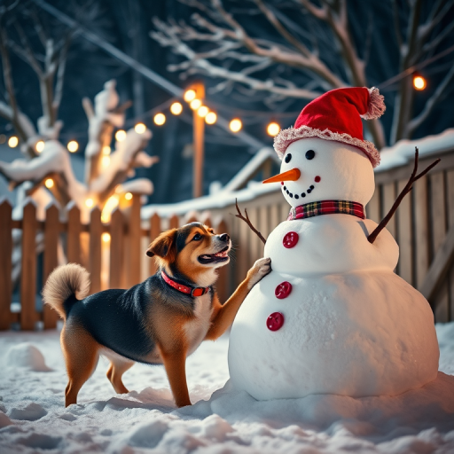 Create a cozy winter scene at night featuring a playful dog interacting with a cheerful snowman, surrounded by snow-covered trees and a wooden fence, captured with a Canon EOS R5 using a 50mm lens at f/1.8, ISO 200, and a shutter speed of 1/60 seconds in a soft focus style to enhance the warm, festive atmosphere.