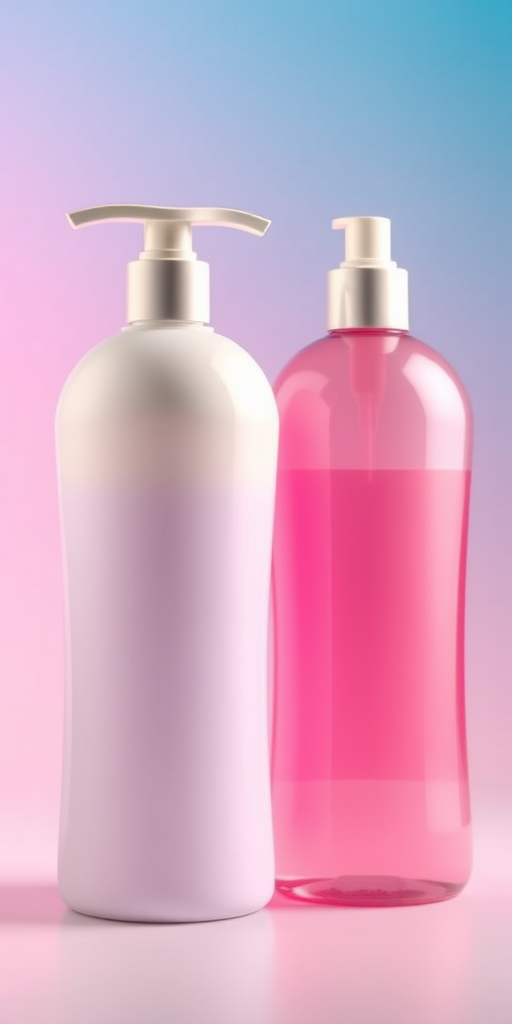 Regenerate a high-quality vector image of two shampoo bottles, focus on a modern design with a pump top and sleek lines, use a soft gradient for color, capture at a 35mm lens, f-stop 8, ISO 100, and studio lighting setup for clarity and vibrancy.