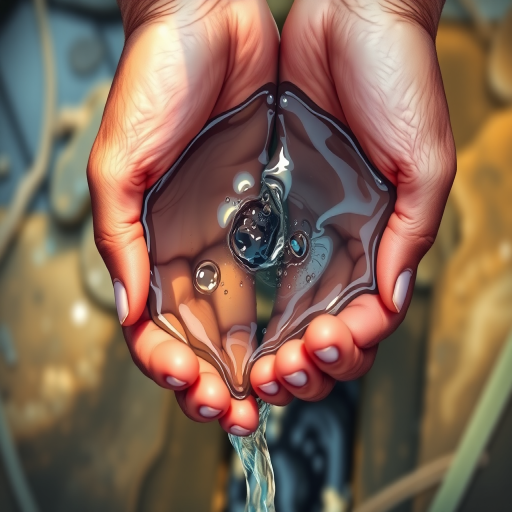 Create a high-resolution illustration of hands cupping water with a flowing stream, using a soft-focus effect, a 50mm lens at f/2.8, shot from a top-down view to enhance depth, using a digital camera type with vibrant colors and a clean background for clarity.