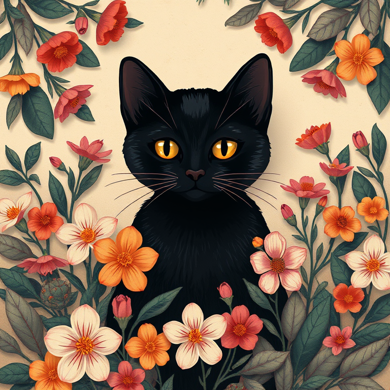 Create an illustration of a stylized black cat surrounded by colorful flowers and leaves, using a vintage color palette, with soft, muted tones, captured with a DSLR camera at f/4 aperture, ISO 100, 50mm lens, in a top-down view for enhanced detail and texture.