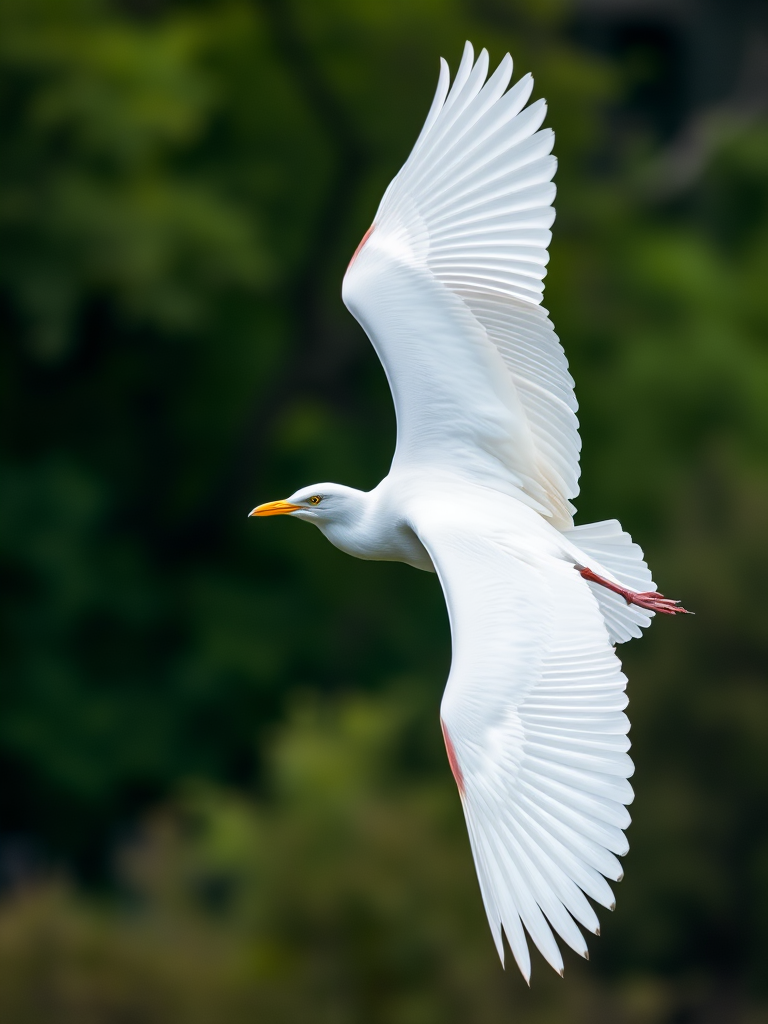 a majestic white bird in mid-flight against a blurred natural background, captured using a Canon EOS R5, 200mm lens, aperture f/2.8, shutter speed 1/2000s, ISO 400, natural lighting, dynamic angle with a focus on the bird's wingspan