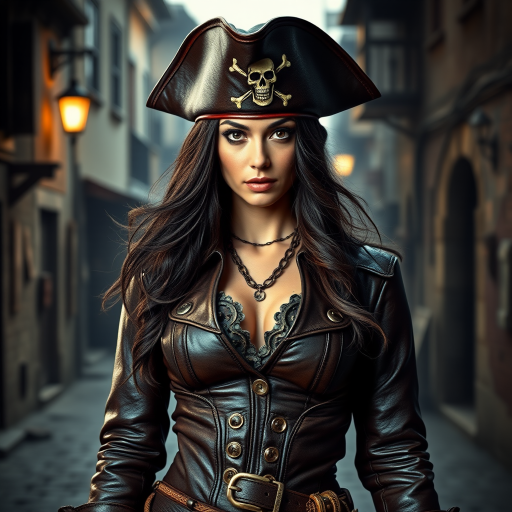 Create a portrait of a fierce female pirate. She wears a leather tricorn hat adorned with a skull and crossbones emblem, and her long, dark hair flows around her face. Her outfit consists of a richly detailed leather jacket, a corset, and multiple layers of belts and accessories, giving her a formidable and stylish appearance. She stands confidently in a dimly lit, historic port town, with a backdrop of weathered buildings and cobblestone streets, capturing the adventurous spirit of a pirate.