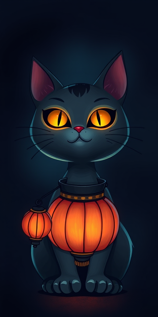 Create a whimsical illustration of a lantern-shaped cat with glowing eyes against a dark background, using a DSLR camera with a 50mm lens, f/1.8 aperture, ISO 200, soft focus effects, and a low angle view to enhance depth and highlight the glowing features.