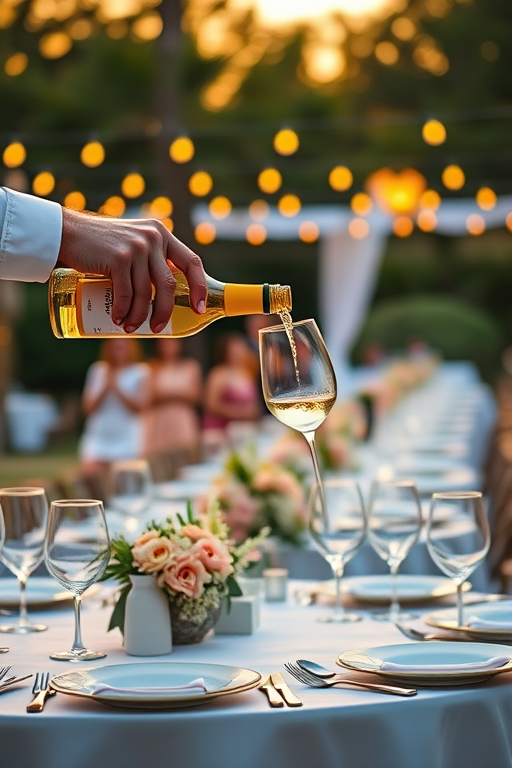 a vibrant outdoor wedding reception with elegantly set tables, a person pouring white wine into a glass, soft golden hour lighting, shallow depth of field, 50mm lens, f/1.8 aperture, ISO 200, natural light photography