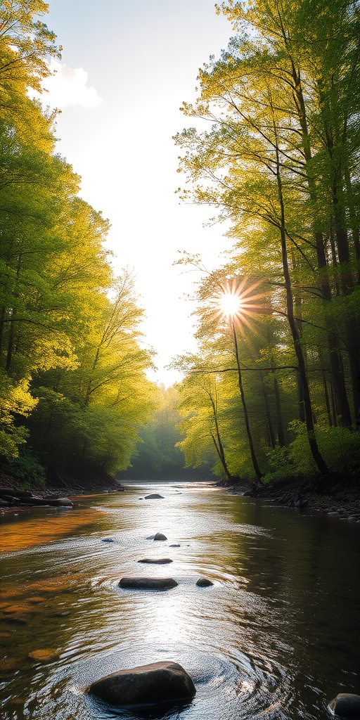 Create an image of a serene, sunlit forest scene with a clear, gently flowing river. Tall trees with lush green foliage line both sides of the river, their leaves bathed in the warm golden light of the setting or rising sun. The sunlight filters through the trees, casting soft, dappled light on the river, which flows over smooth rocks and pebbles, creating a peaceful, natural atmosphere. The sky is bright with a few scattered clouds, and the overall mood is tranquil, evoking a deep sense of connection with nature. The image captures the beauty of a calm, pristine forest landscape at either dawn or dusk.