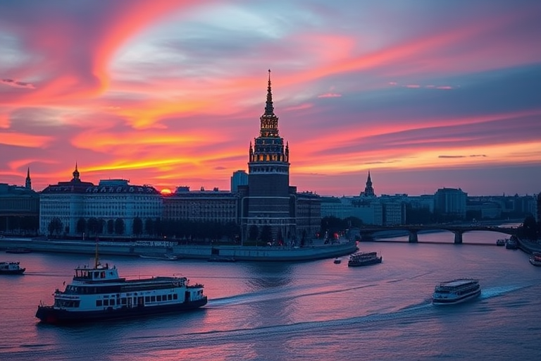 capture a vibrant sunset over the Moscow River with the high-rise building illuminated in the foreground and boats moving through the water, use a DSLR camera with a 24mm lens, aperture f/8, shutter speed 1/200s, ISO 100, shot at twilight for rich colors, wide-angle view for expansive scene.