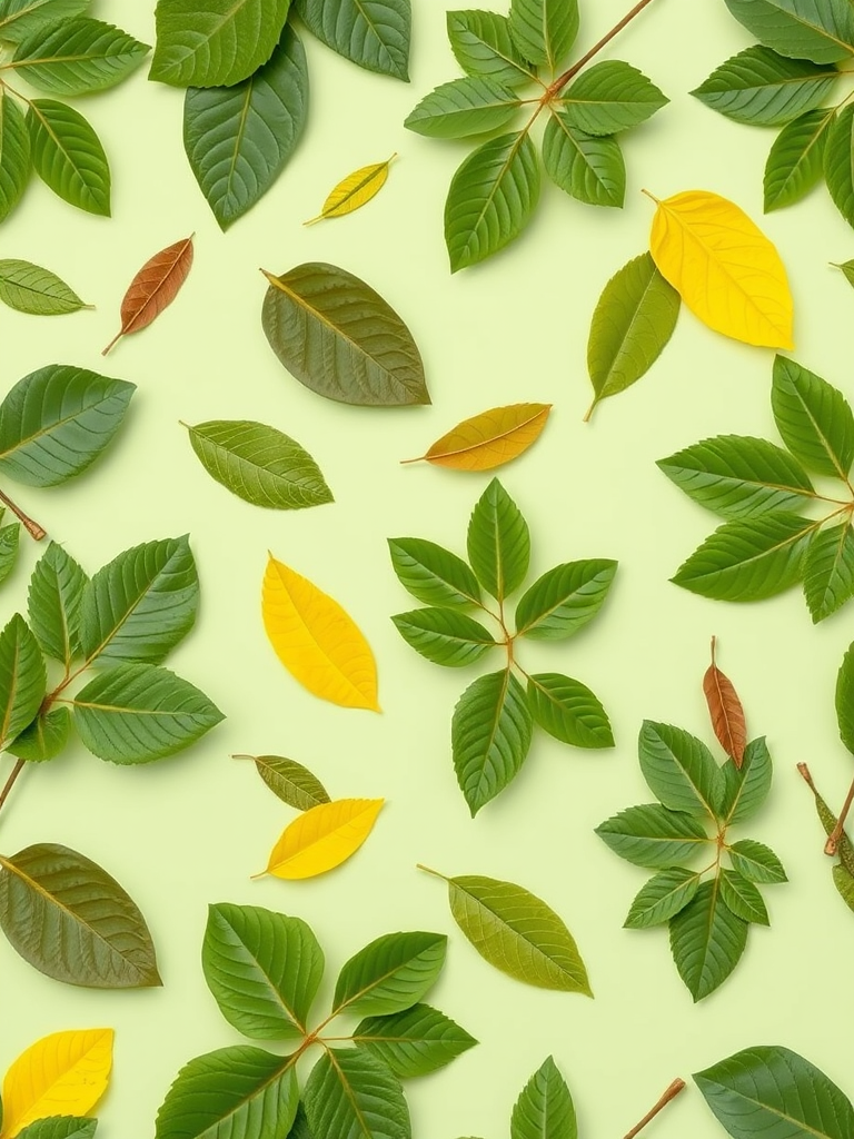 create a seamless pattern of various green leaves on a light green background, camera settings: f/8 aperture, ISO 100, shutter speed 1/125s, camera view: overhead, camera style: vibrant colors, camera type: DSLR