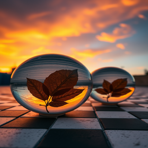 Generate an image of two glass spheres with textured leaves inside on a checkered floor under a dramatic orange sky, using a DSLR camera with a 50mm lens, f/2.8 aperture, ISO 100, and a low angle perspective for enhanced depth and detail.