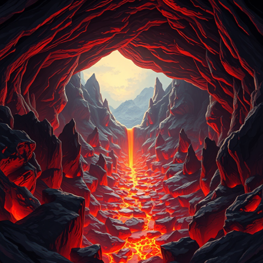 Create a high-resolution illustration of a lava-filled cave, featuring sharp, jagged rock formations and flowing lava in the center, captured with a DSLR camera at f/8, ISO 100, 24mm lens, using a wide-angle view to emphasize depth and warmth of colors in a digital art style.