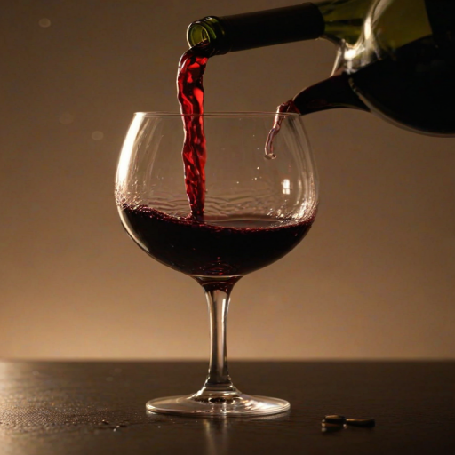 Sharp, detailed close-up of a glass of red wine being poured, tiny bubbles forming at the surface, with the soft glow of candlelight reflecting off the deep burgundy liquid.