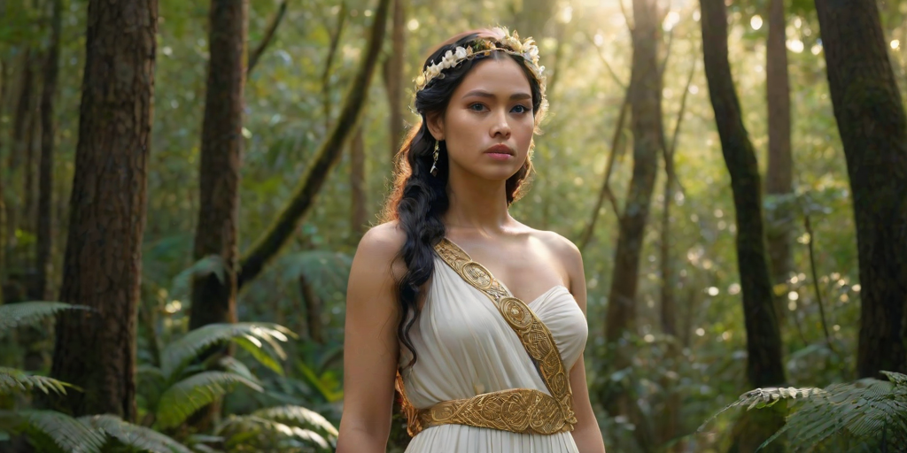 Create a portrait of a goddess-like Maori girl figure in a tranquil, forested environment. She has an elegant appearance with long, wavy hair styled in an updo and adorned with a delicate, floral headband. She wears a flowing, ancient Greek-inspired gown in a soft, pale color, featuring a one-shoulder design and draped fabric that accentuates her graceful form. The outfit includes a decorative belt with ornate gold detailing, and she holds a bow in her hand, with a quiver of arrows slung over her shoulder. The background depicts lush greenery, with sunlight filtering through the trees, casting a gentle, ethereal light on the scene. Her expression is calm and contemplative, embodying a sense of wisdom and serenity.