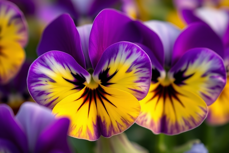 vibrant close-up of pansies in purple and yellow shades, shallow depth of field, natural lighting, ISO 100, f/2.8, 50mm lens, macro photography