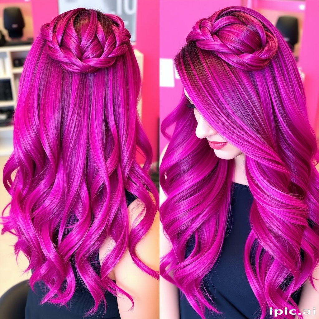 Vibrant magenta ombre hair cascading in long, silky waves, styled by "Neon Nights" salon, featuring a subtle undercut and luminous streaks that shimmer under different lighting, with intricate braided details adorning the crown and a soft side-swept fringe framing the face elegantly.