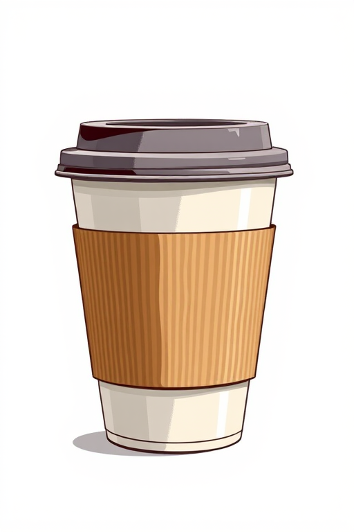 Create a detailed illustration of a coffee cup with a lid, shot from a slightly elevated angle, using a DSLR camera with a 50mm lens, aperture set to f/4, ISO 100, and soft natural lighting to enhance the contours and textures of the cup.