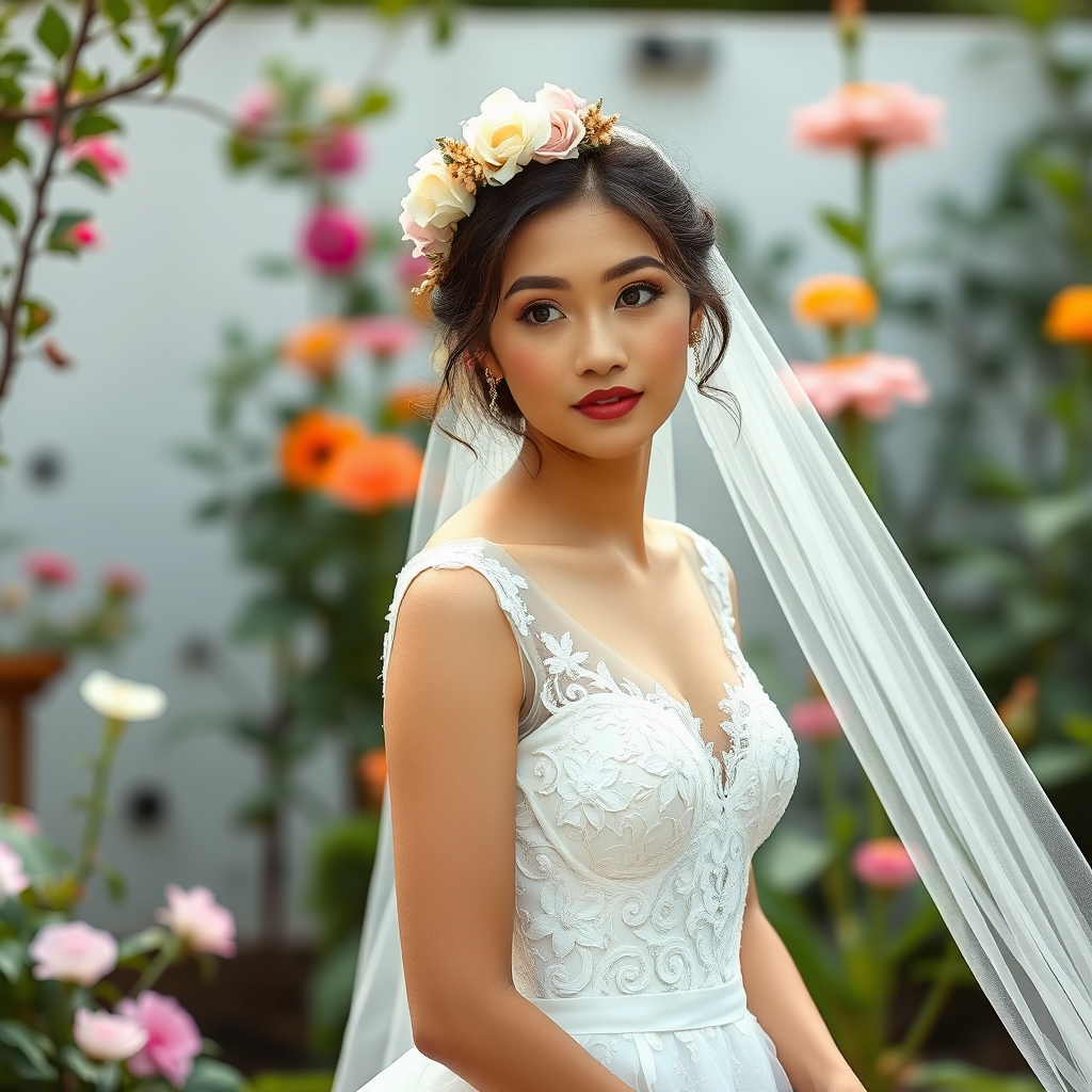 garden scene, Filipina bridal model, delicate lace gown, floral headpiece, soft romantic focus, high-key lighting and an 85mm lens for soft, even tones that highlight the model’s face and bright outfit against a white or light background