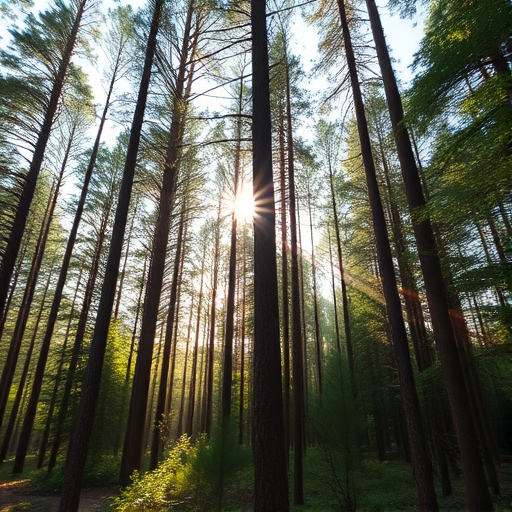 Photograph a serene forest scene with sunlight filtering through tall trees, capturing soft rays of light, use a DSLR camera, aperture set to f/2.8, shutter speed at 1/60s, ISO 100, focus on depth of field, taken at eye level with a wide-angle lens for an immersive perspective.