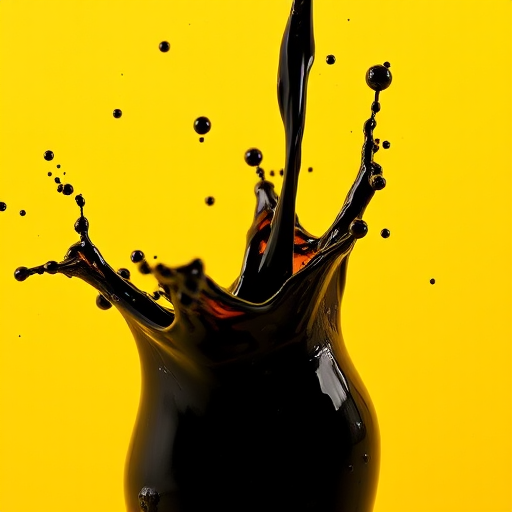 high-resolution close-up of black liquid splashing against a vibrant yellow background, ISO 100, aperture f/2.8, 50mm lens, natural light, DSLR camera