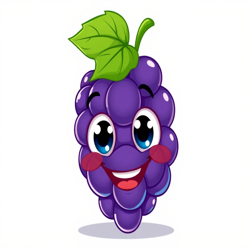 Create a vibrant cartoon-style illustration of a smiling grape character with large eyes and a green leaf on top, shot with a DSLR camera at f/2.8, 50mm lens, ISO 100, in vibrant colors on a white background.