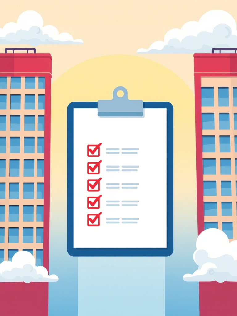 create an illustration of a checklist on a clipboard with three checked items, surrounded by buildings and clouds in a modern flat design style, use a Canon EOS R5 camera, 24mm lens, aperture f/4, ISO 100, focus on vibrant colors and clean lines for enhanced quality