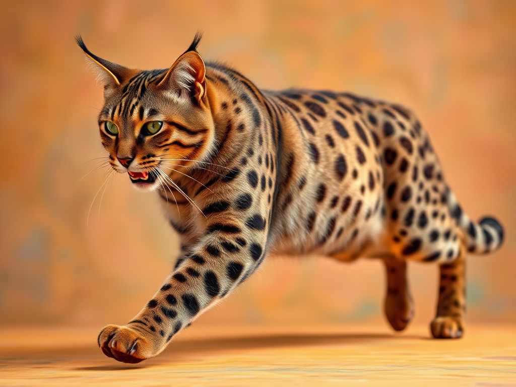 large, dynamic feline, mid-stride, aggressive pose, highly detailed fur texture, vibrant background, 85mm lens, f/2.8 aperture, ISO 100, shot at 1/500 sec, studio lighting, DSLR camera