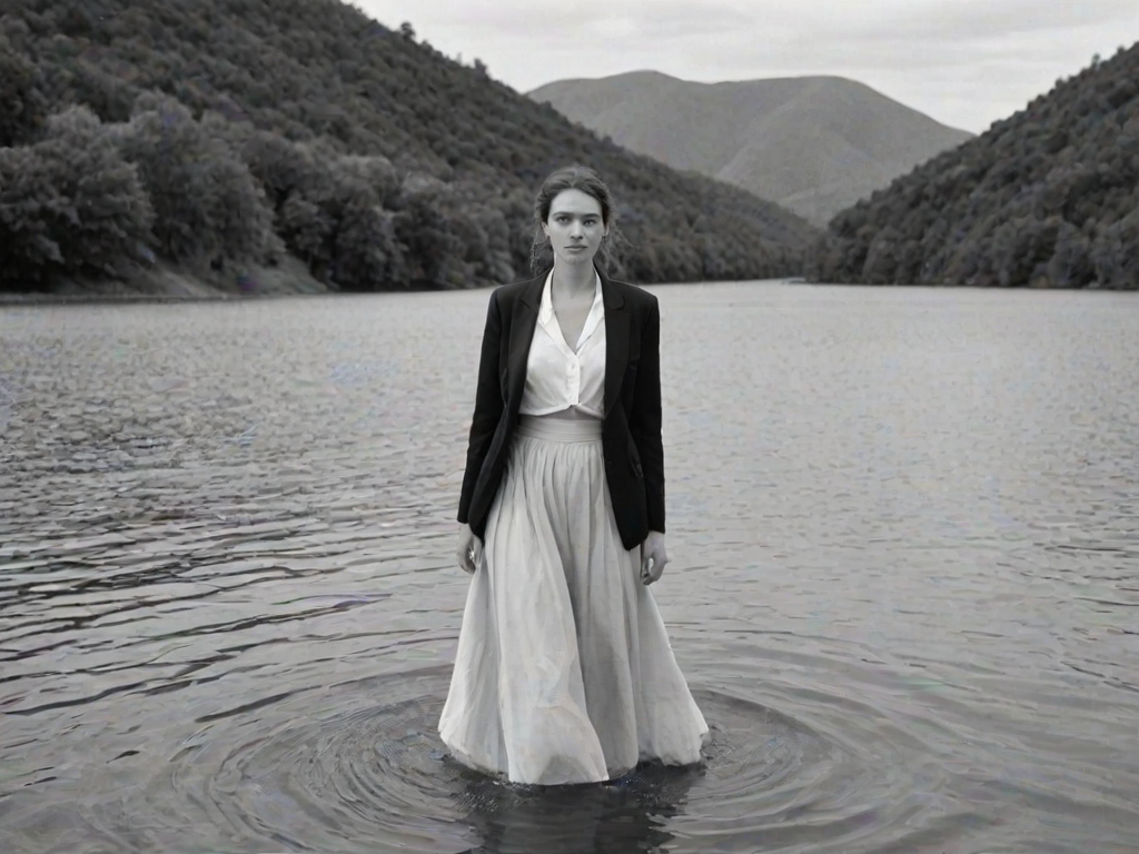a woman standing in a body of water, wearing a black blazer and a flowing skirt, in black and white, with natural scenery in the background and a calm expression