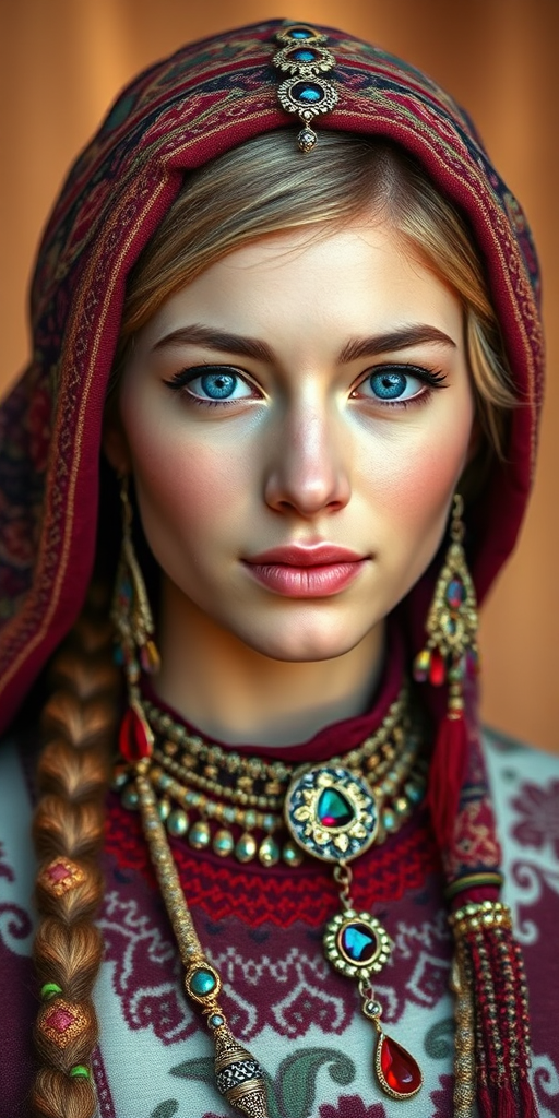 Create a portrait of a beautiful Sami woman with striking blue eyes and a gentle expression. She is adorned in traditional attire with intricate patterns, including a richly embroidered headscarf and matching garments. Her jewelry includes a delicate headpiece, dangling earrings, and ornate bracelets, all featuring vibrant gemstones and detailed metalwork. The background is soft and warm, enhancing the rich colors of her outfit and jewelry.