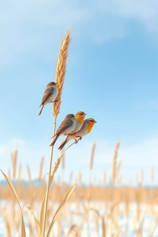 regenerate an illustration of birds perched on a stalk of grain against a blue sky with a snowy ground, use a high-resolution digital camera with a 50mm lens, aperture f/8, ISO 100, soft focus style, and a wide-angle view for clarity and detail