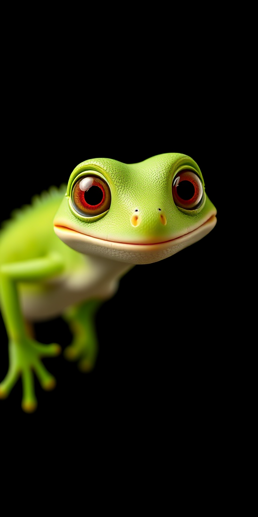 Create a vibrant cartoon image of a green lizard with a friendly expression and large eyes, captured in a studio setting with soft lighting, using a high-resolution DSLR camera at f/2.8 aperture, ISO 100, and a 50mm lens to achieve a crisp focus on the lizard against a solid black background.