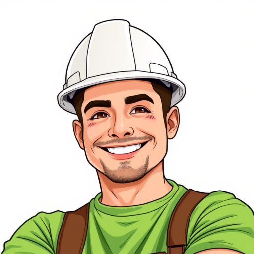 Create an illustration of a smiling construction worker wearing a white hard hat and a green shirt, capturing him from a slightly low angle, with a focus on bright colors and smooth lines, using a digital drawing style with high resolution. Camera settings: ISO 100, f/2.8, 1/250s.