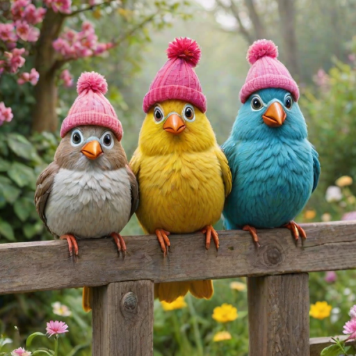 create a scene of 4 quirky  whimsical colourful comical birds each with a funny expression. they are sat on a wooden fence with colourful flowers. they are all different sizes. each one is a different colour  one is wearing a woolly hat. Each one has a different quirky google expression and there is a muted background of trees watercolour paintierly style high definition 8k resolution 3D paper mache