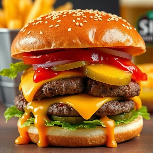 High-resolution, close-up image of a gourmet double cheeseburger. The burger features a glossy, sesame-seed-topped brioche bun. Inside, there are two thick, juicy beef patties, each topped with melted cheddar cheese. The burger is garnished with fresh lettuce, tomato slices, diced onions, and pickles. A generous amount of ketchup and a creamy, orange-colored sauce is dripping down the sides, adding to the mouth-watering appeal. In the background, there are blurred elements including a side of golden French fries and a hint of a beverage, enhancing the overall presentation of a delicious meal.