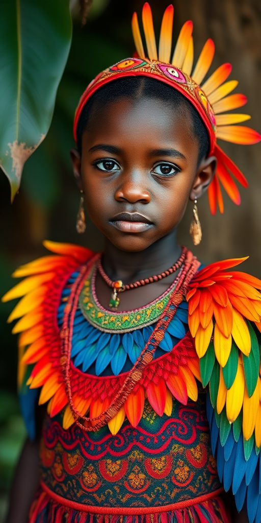 A beautiful Melanesian girl, wearing colorful bird clothing with vibrant colors
