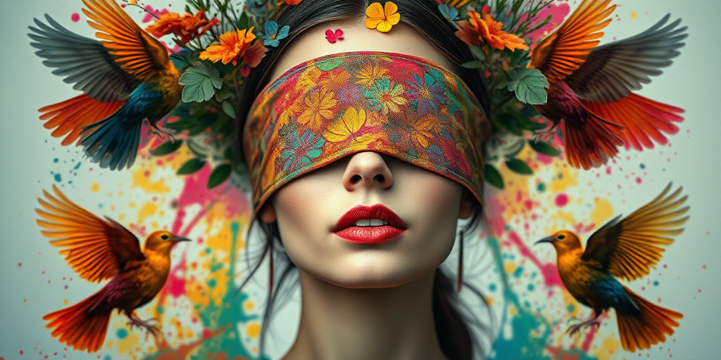 Create a surreal portrait of a woman with a blindfold, incorporating vivid splashes of color and abstract elements like birds and foliage around her head, captured with a DSLR camera, 50mm lens, aperture f/1.8, ISO 100, in a soft focus style with natural light.