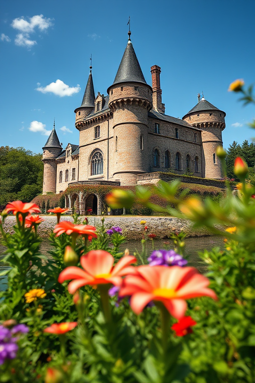 Regenerate a picturesque scene of an old castle surrounded by vibrant flowers and greenery on a sunny day with a clear blue sky, use a DSLR camera with a 24mm lens, aperture set to f/8 for depth of field, ISO 100 for clarity, and shoot from a low angle to capture the rich details of the architecture and the landscape.
