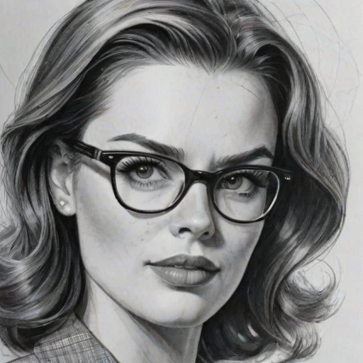 Alluring Kaitlyn Black, pencil sketch, portrait of Stunning woman 1950s in glasses, hair style beatnik, outline, clear lines, fine lines, 8k