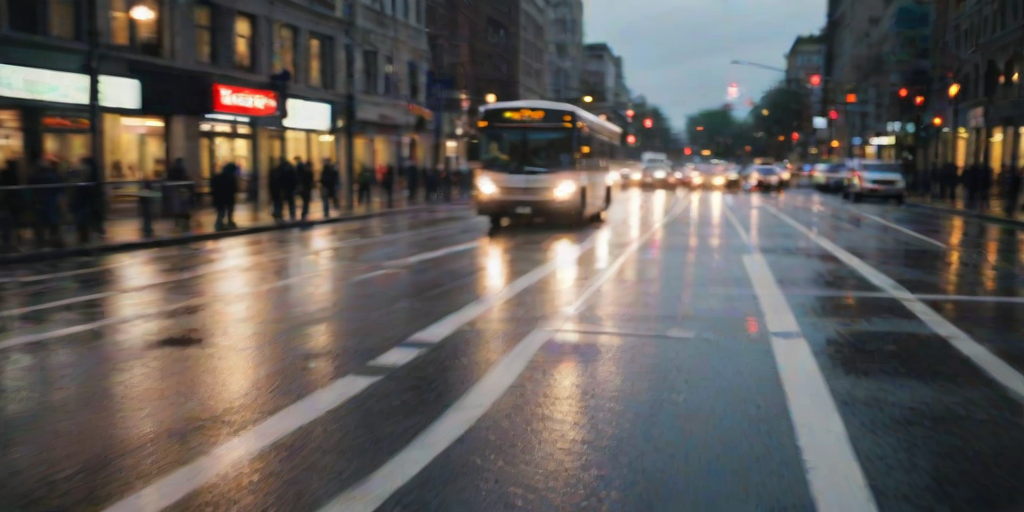 Blurry action shot of a city street at rush hour, cars and buses zooming by, with soft evening light reflecting off the wet pavement after a rainstorm.
