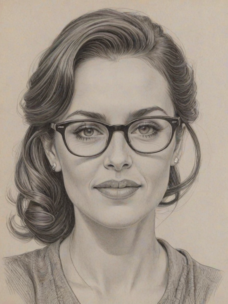 Delightful Melanie Chisholm, pencil sketch, portrait of Enchanting woman 1949s in glasses, hair style beatnik, outline, clear lines, fine lines, 8k