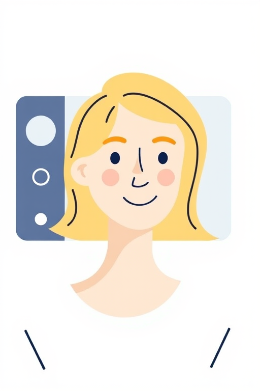 Create a digital illustration of a simplified person with blonde hair on a video call, using a soft color palette with light blue and white backgrounds, employing a flat design style, with camera settings at 50mm focal length, f/4 aperture, and a soft focus effect to enhance overall image quality.