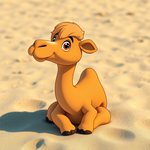 Create a vibrant illustration of a cartoon camel sitting gracefully on a sandy surface, captured with a DSLR camera at f/4.0, ISO 100, 50mm lens, in natural light, with a slightly low angle view to emphasize its unique features and enhance the background texture.