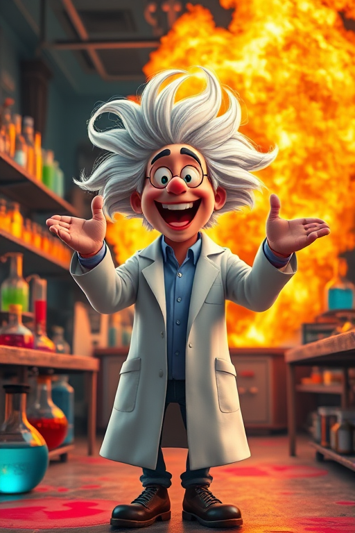 Create an animated image of a joyful scientist with wild white hair in a lab coat, standing in a laboratory filled with colorful potions, with a dramatic explosion of flames behind him, using a Canon EOS R5 at f/2.8, ISO 100, 24mm lens, shot from a low-angle perspective to emphasize the scientist's excitement and enhance image quality.