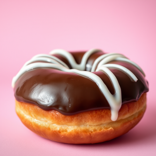 A realistic chocolate donut with a glossy finish, topped with white drizzle, against a soft pastel background, capture with a DSLR camera, 50mm lens at f/2.8, low angle view, natural lighting for soft shadows, vibrant colors.
