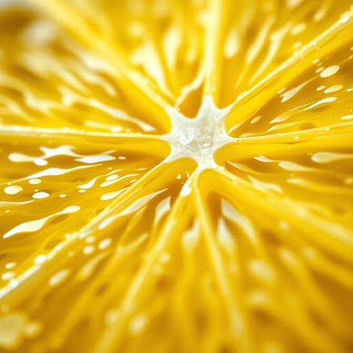 Create a vibrant and detailed illustration of a lemon slice, with a close-up perspective, using a macro photography style, aperture set to f/2.8 for a shallow depth of field, ISO 100 for minimal noise, and a shutter speed of 1/200 seconds to capture crisp details.