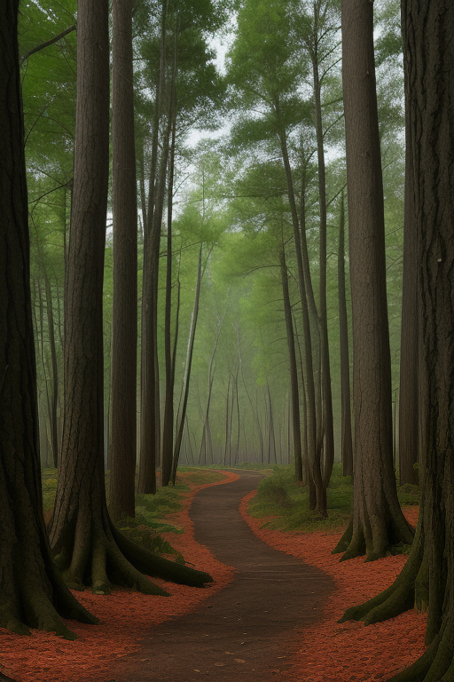 A Serene Forest Path Winding Through Tall Trees and Vibrant Foliage.