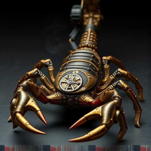 Create a high-intensity, high-resolution image of a steampunk scorpion, featuring intricate clockwork mechanisms and brass gears. The scorpion should have metallic limbs with elaborate jointed segments, showcasing a blend of Victorian-era aesthetics and futuristic technology. The body should be adorned with cogwheels, pistons, and small steam vents emitting a subtle mist, the front pinchers should up up and open. Capture the scene with dramatic lighting to emphasize the mechanical details, giving it a sense of motion and life