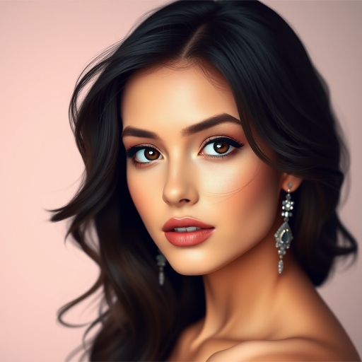 Create an elegant portrait of a young woman with long wavy dark hair and captivating brown eyes wearing subtle makeup and sparkling earrings against a soft gradient background.