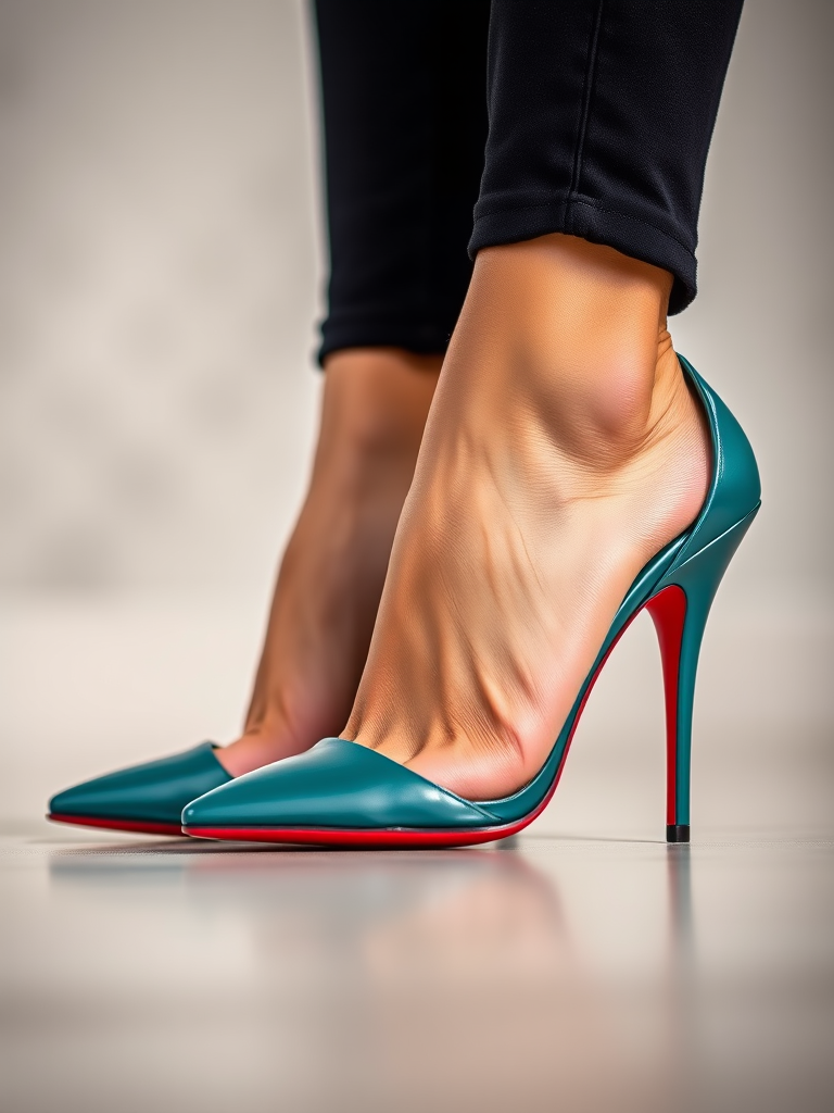 Generate a high-resolution image of a stylish pair of teal stiletto heels with a red sole, shot with a Nikon D850 camera at f/2.8, 1/125s, ISO 100, using a macro lens to capture intricate details, with a soft blurred background for depth.