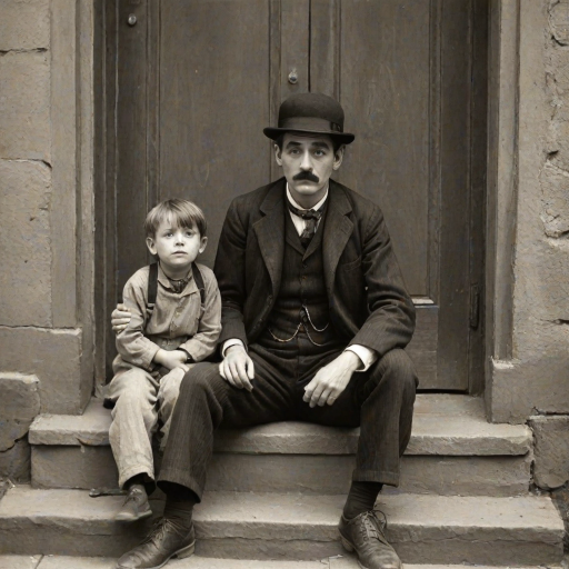 A black-and-white photograph of a man and a child sitting on steps in front of a doorway. The man is dressed as a tramp with a bowler hat, mustache, and ragged clothes, reminiscent of Charlie Chaplin's iconic look. He is sitting with his arms crossed and an expression of slight sadness or frustration. Next to him is a young boy, also in worn clothes and a cap, sitting with his hands clasped, looking thoughtful. The background is an old, textured wall and a partially open door, creating a vintage, early 20th-century atmosphere.