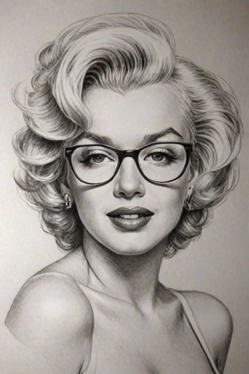 Beauteous Marilyn Monroe, pencil sketch, portrait of Resplendent woman 1978s in glasses, hair style beatnik, outline, clear lines, fine lines, 8k